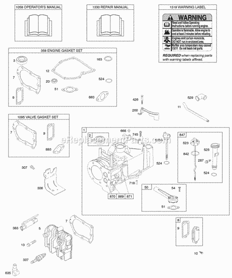 Cylinder Cylinder Head Gasket Set - Engine Gasket Set - Valve Lubrication OperatorS Manual Warning Label Diagram and Parts List for 10J912-0137-E1  Briggs and Stratton Engine